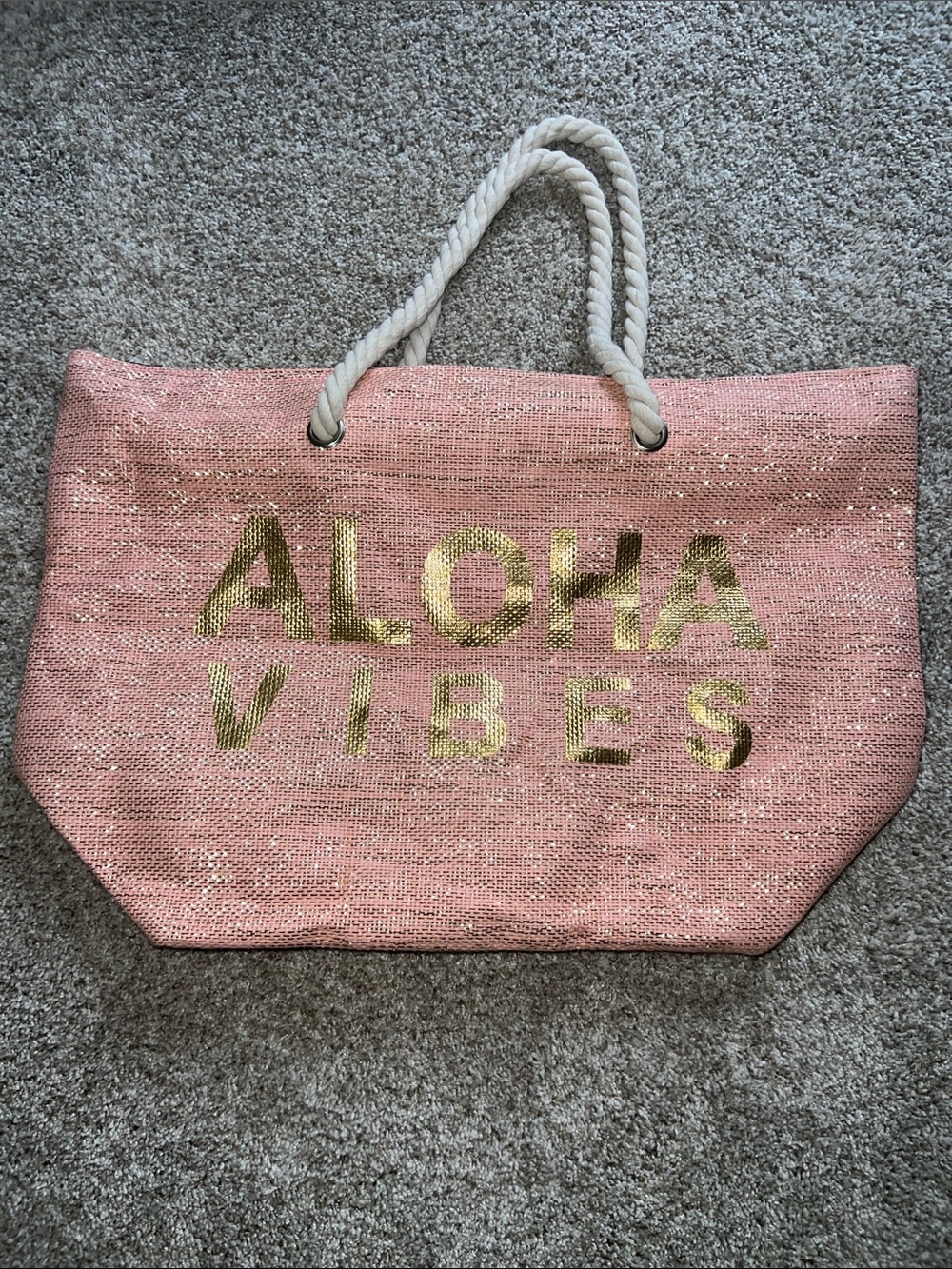 Pink 'Aloha Vibes' Beach Tote with Gold Lettering